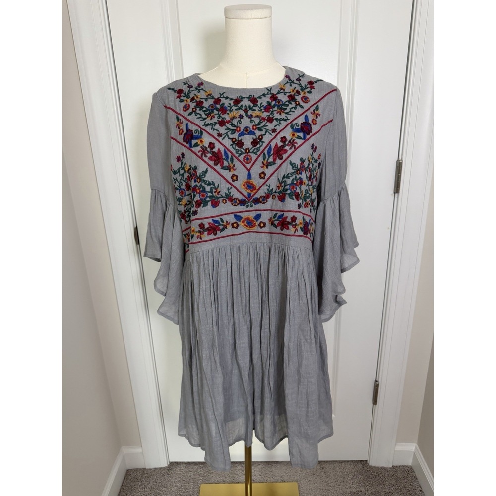 Umgee Women's Embroidered‎ Babydoll Dress Boho Hippie Prairie Peasant Medium